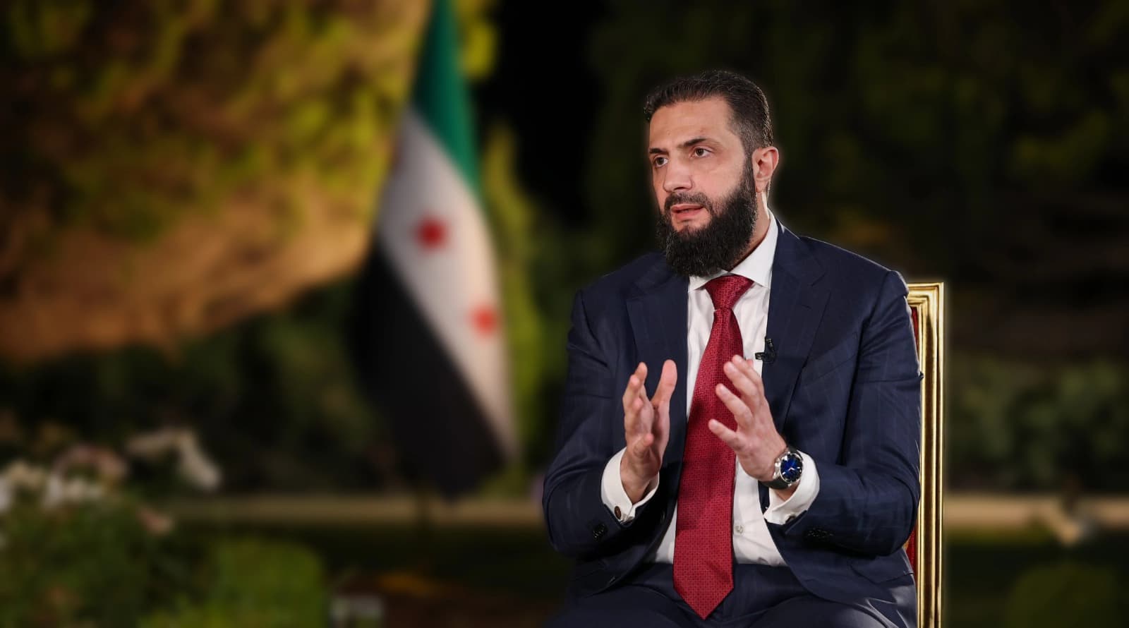 Syrian President Ahmed al-Sharaa speaks in an interview with UAE-based channel Al Mashhad on June 21, 2026. Photo: SANA