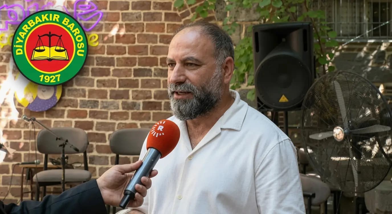 Ramazan Simsek speaking to Rudaw on July 3, 2026, and the logo of Diyarbakir Bar Association.