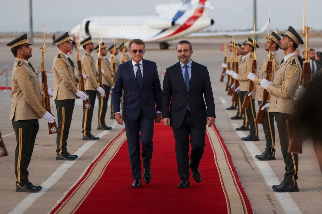 Fransa Cumhurbaşkanı Emmanuel Macron'u (solda) havalimanında, Suriye Dışişleri Bakanı Esad Hasan Şeybani karşıladı. / Foto: SANA