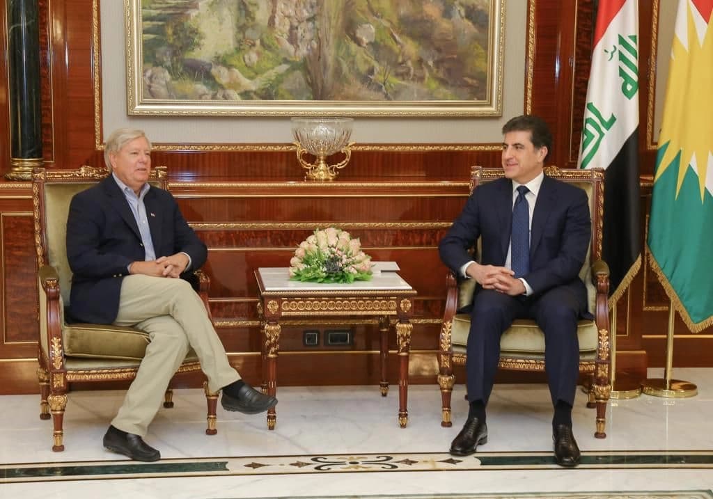 Late US Senator Lindsey Graham (left) received by Kurdistan Region President Nechirvan Barzani (right) in Erbil on July 5, 2022. Photo: KR Presidency