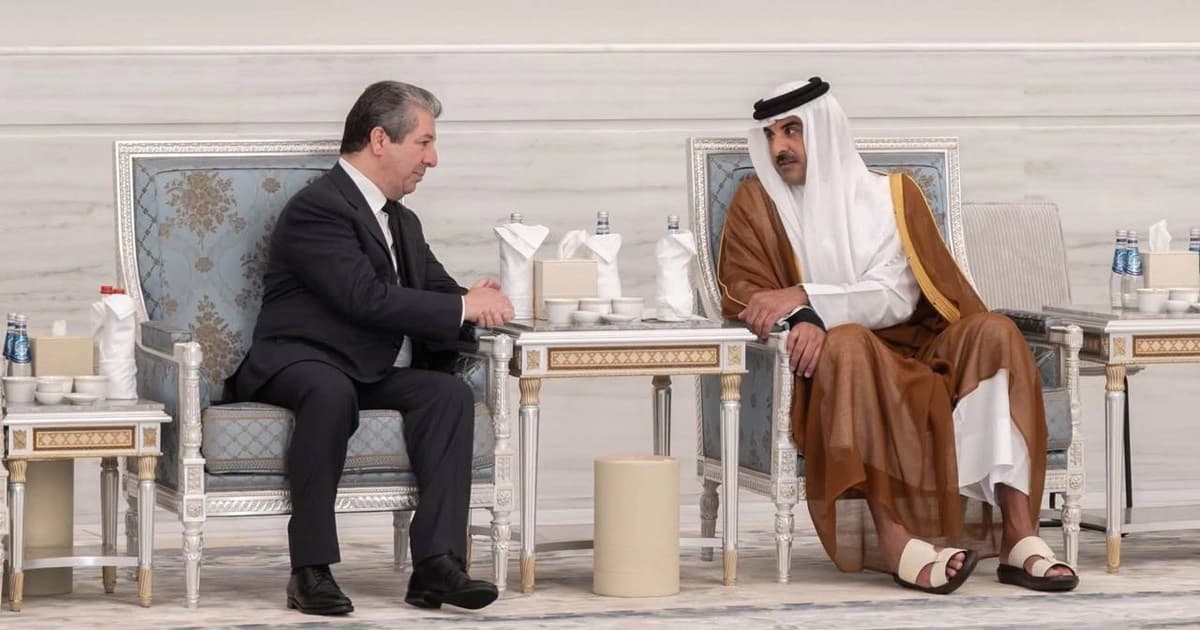 Kurdistan Region Prime Minister Masrour Barzani received by Qatar’s Emir Sheikh Tamim bin Hamad Al Thani at Lusail Palace in Qatar on July 15, 2026. Photo: KRG