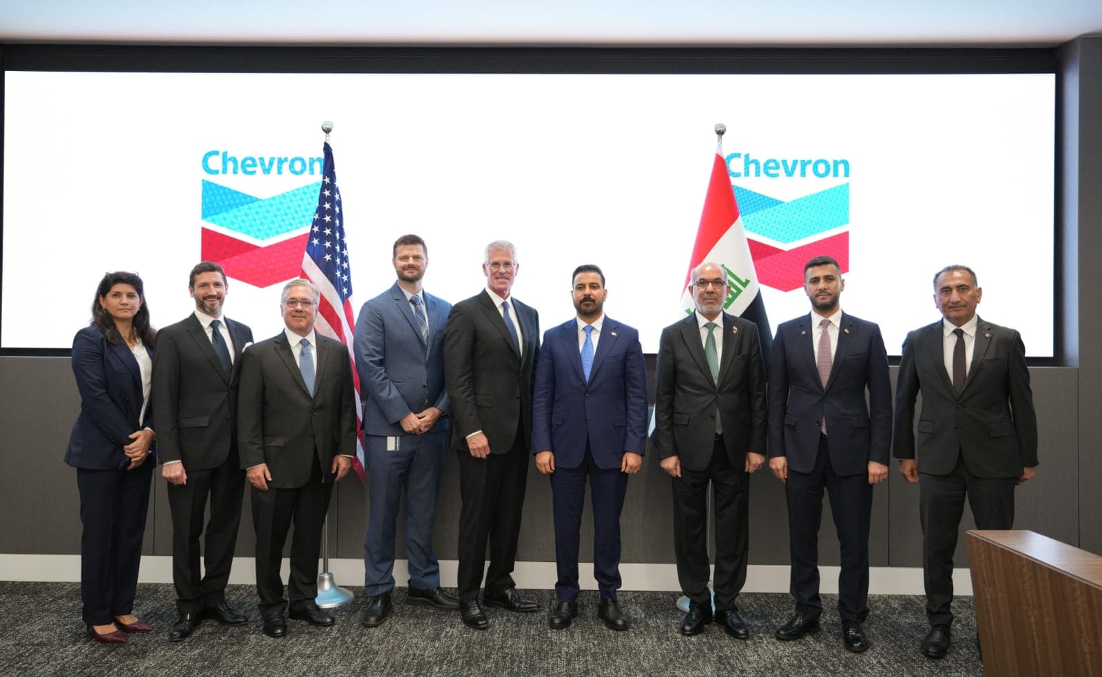 Iraqi Prime Minister Ali al-Zaidi with an Iraqi delegation standing with Chevron executives at the company's headquarters in Huston, Texas, US on July 16, 2026. Photo: Iraqi PMO