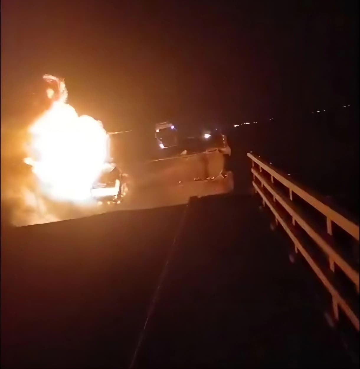 A picture of a bridge destroyed and in flames following a US airstrike in the southern Hormuzgan province near Bandar Abbas on July 16, 2026. Photo: Screengrab/IRIB