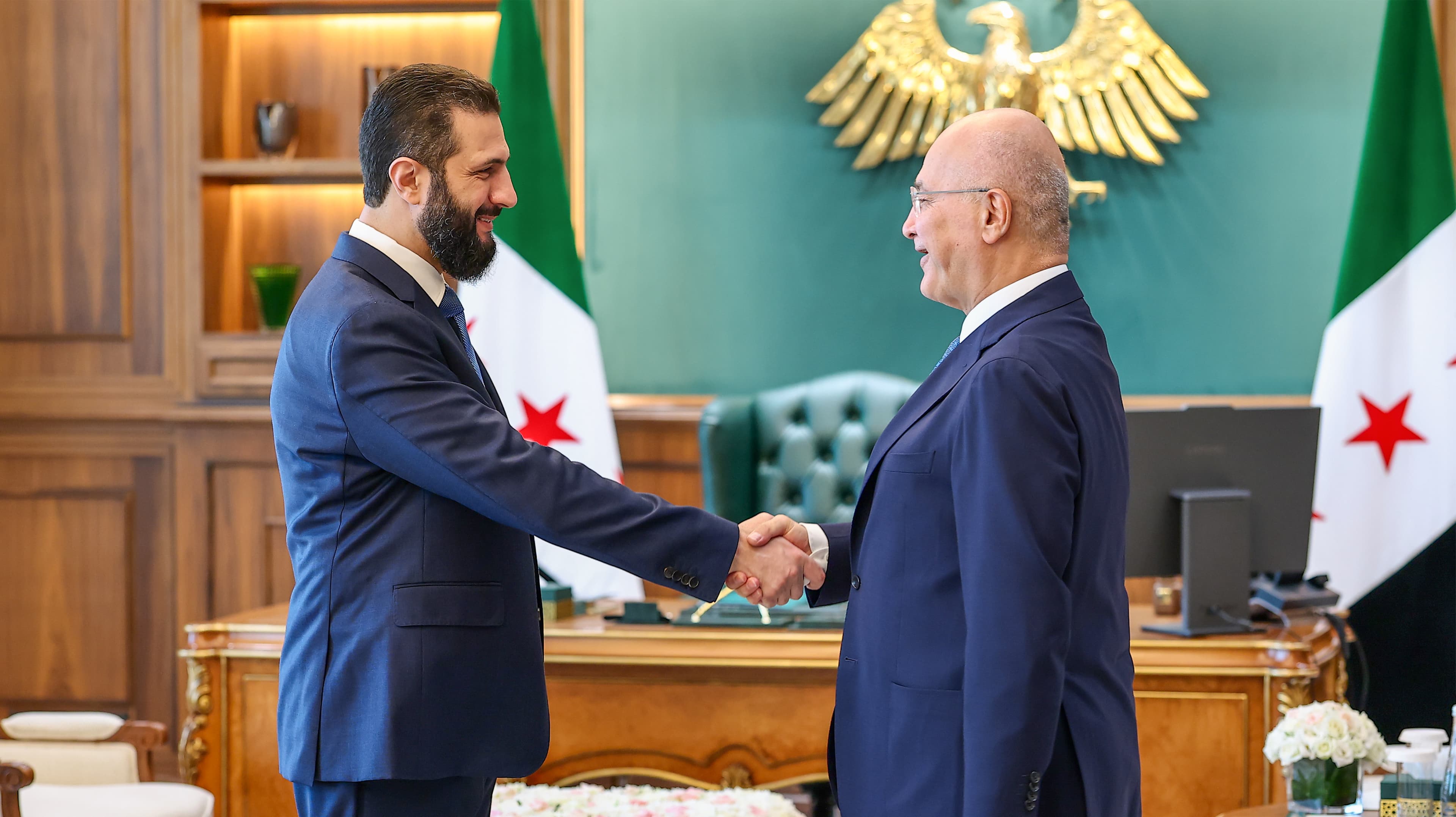 Syrian President Ahmed al-Sharaa (from left) received UN High Commissioner for Refugees Barham Salih at the People's Palace in Damascus, 10 Aug, 2026. Photo: Presidency of the Syrian Arab Republic