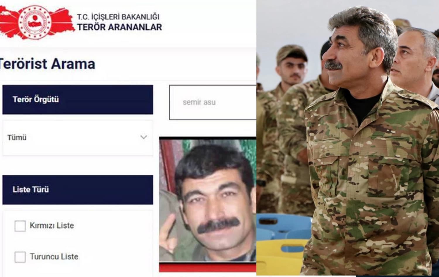 From left: screengrab of Turkey's interior ministry website showing Sipan Hamo as a wanted individual, and Hamo among SDF's integrated members. Graphic: Rudaw