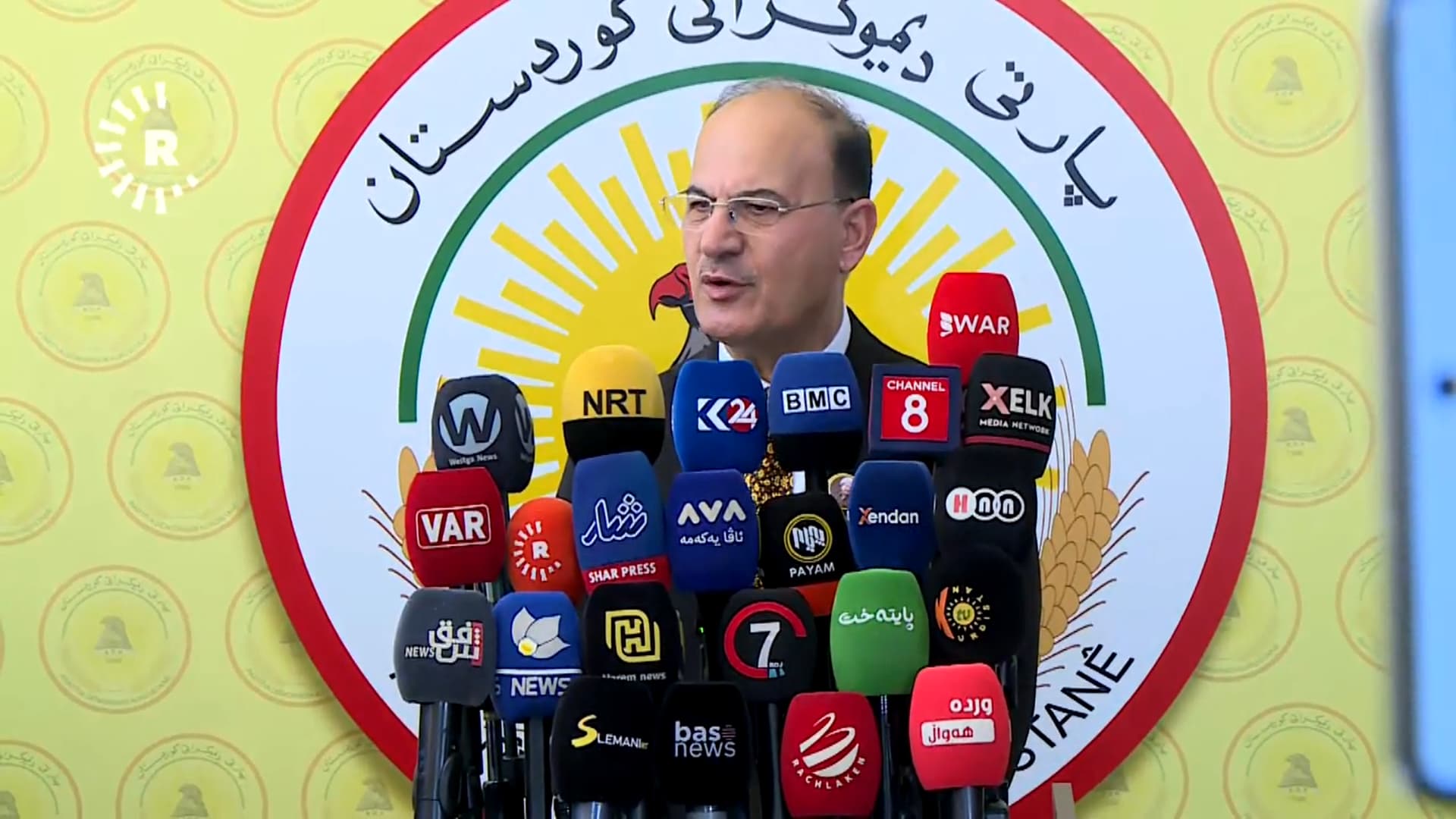 Ali Hussein, head of the KDP’s organizational office in Sulaimani and Halabja, in a press conference marking the 80th anniversary of the KDP’s founding, Aug 16, 2026. Photo: Screengrap/Rudaw