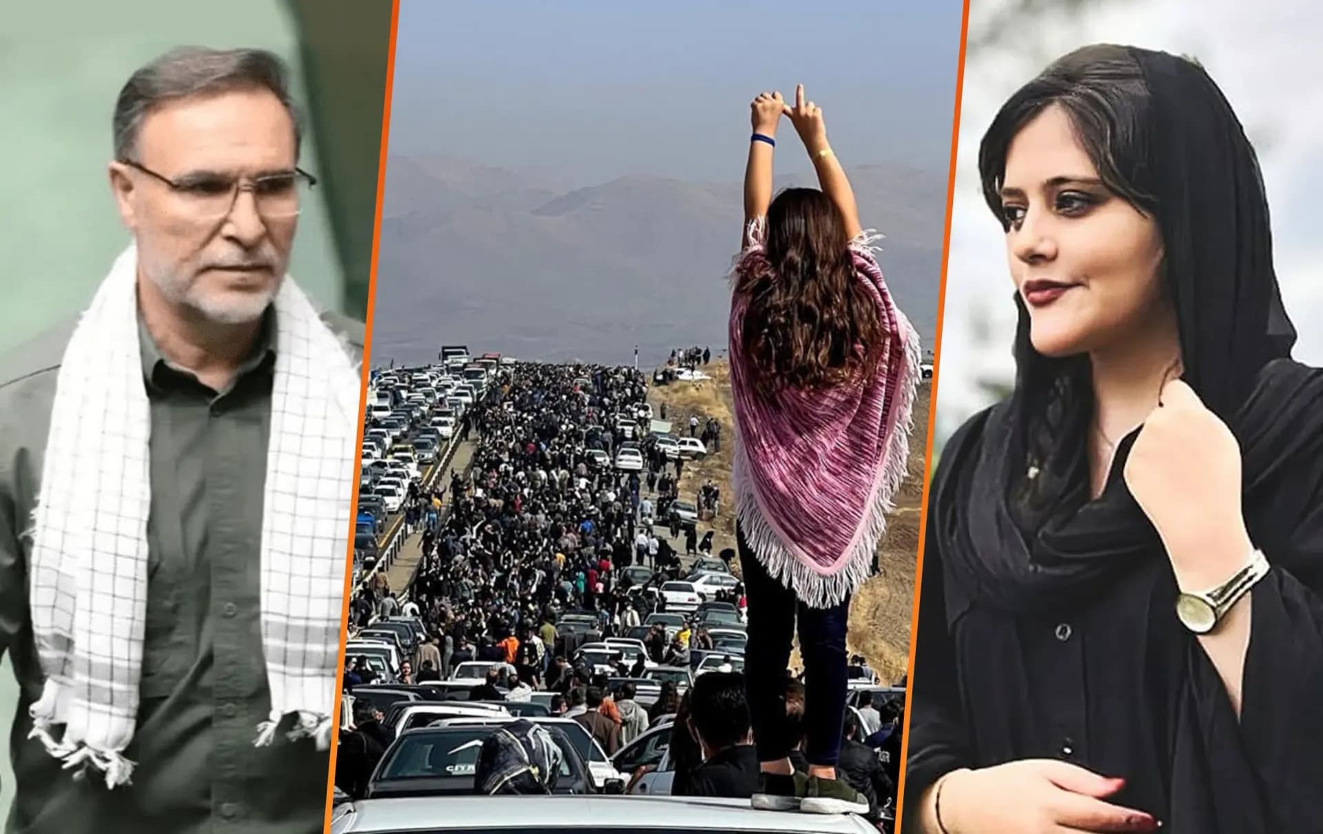 Soldan sağa: Ahmed Ariyaeni Nejad, protestolar, Jina Emini. / Grafik: Rûdaw