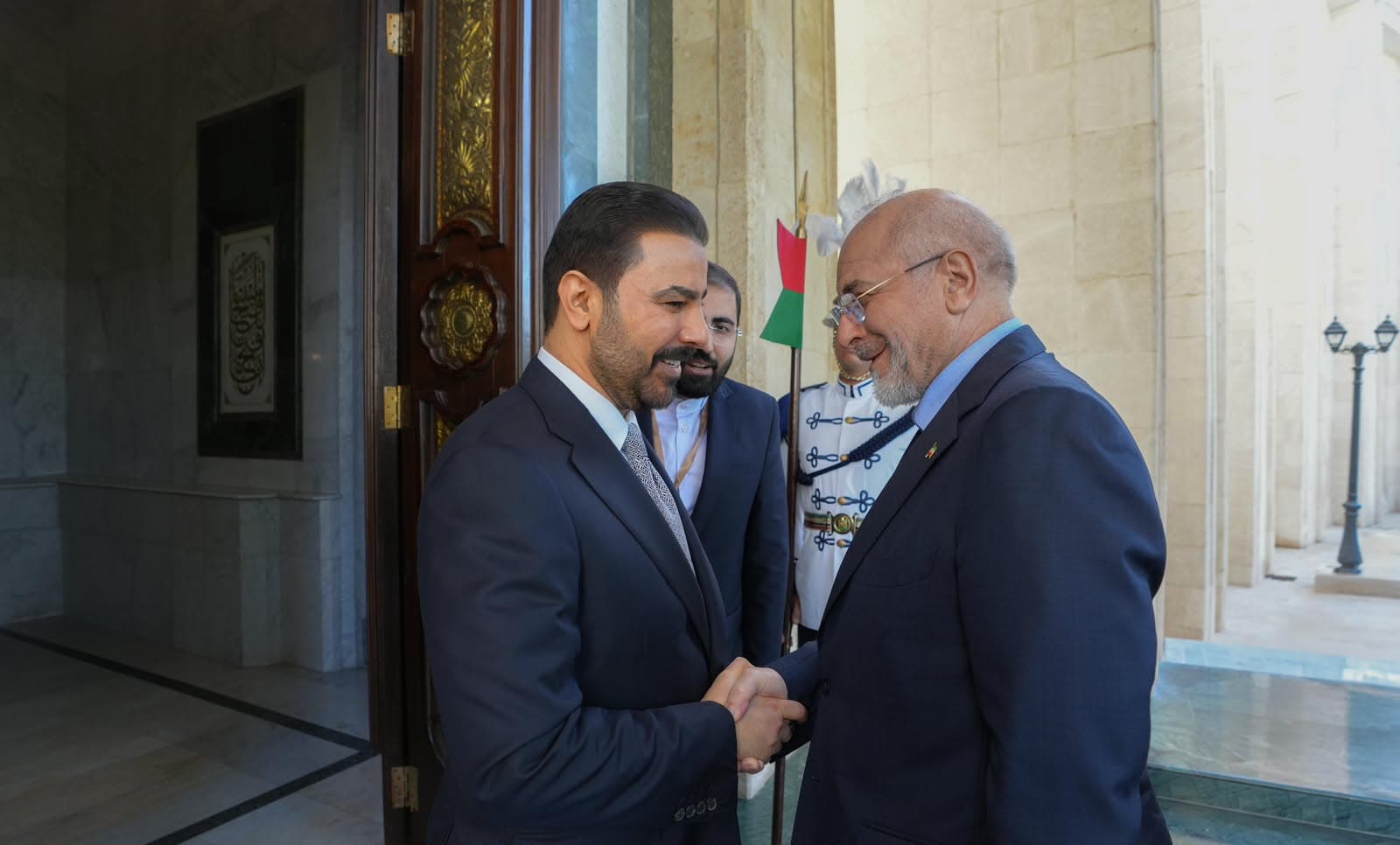Iraqi Prime Minister Ali al-Zaidi (Left) welcoming Iranian Parliament Speaker Mohammad Bagher Ghalibaf (Right) in Baghdad on August 19, 2026. Photo: Prime Minister's Office