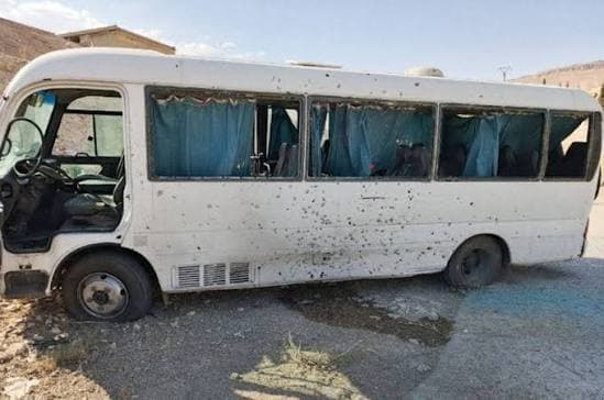 A bus carrying Syrian Interior Ministry security forces is seen following an IED explosion in the Damascus countryside on August 22, 2026. Photo: SANA