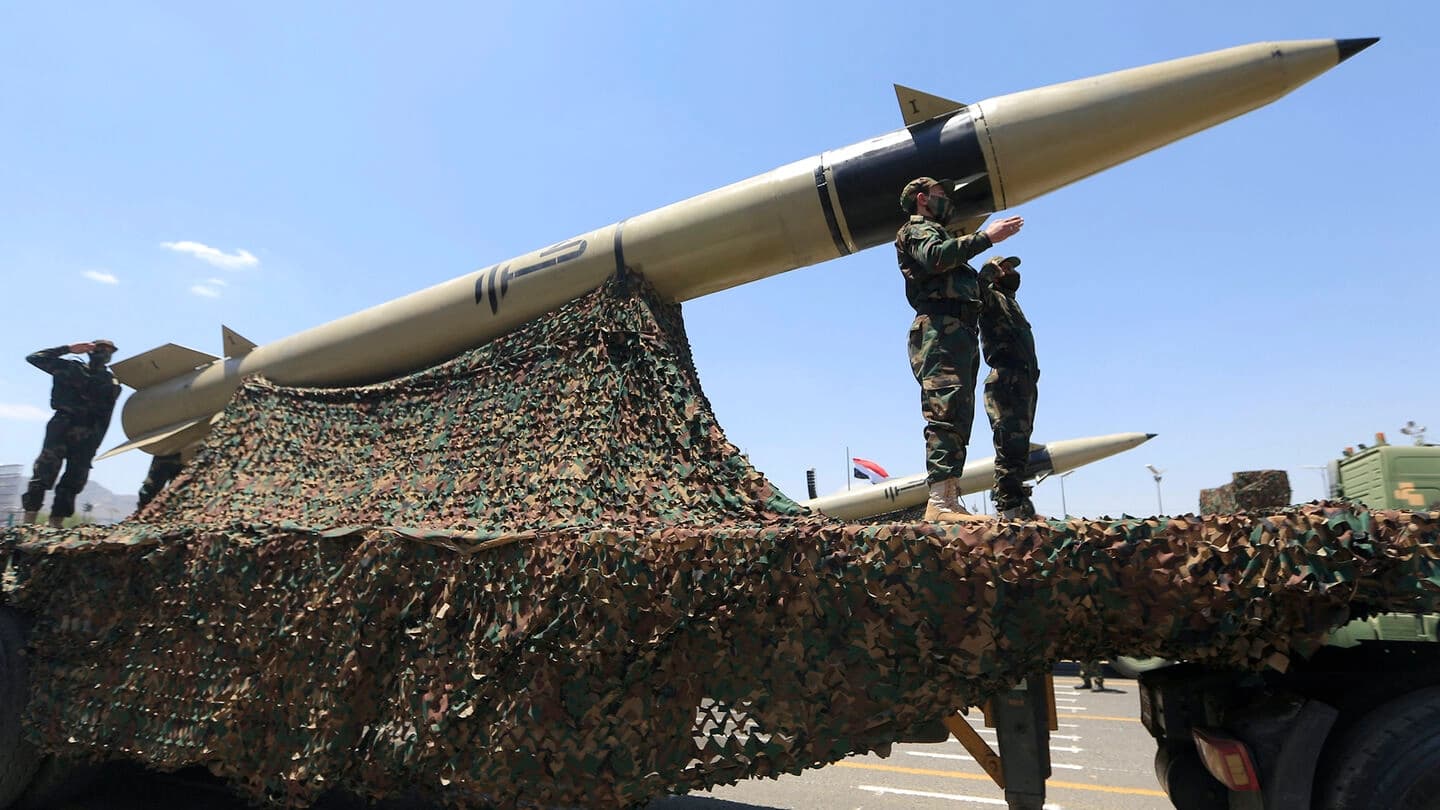 Houthi rebels on missile launchers in a military parade in Sanaa. Photo: File/AFP