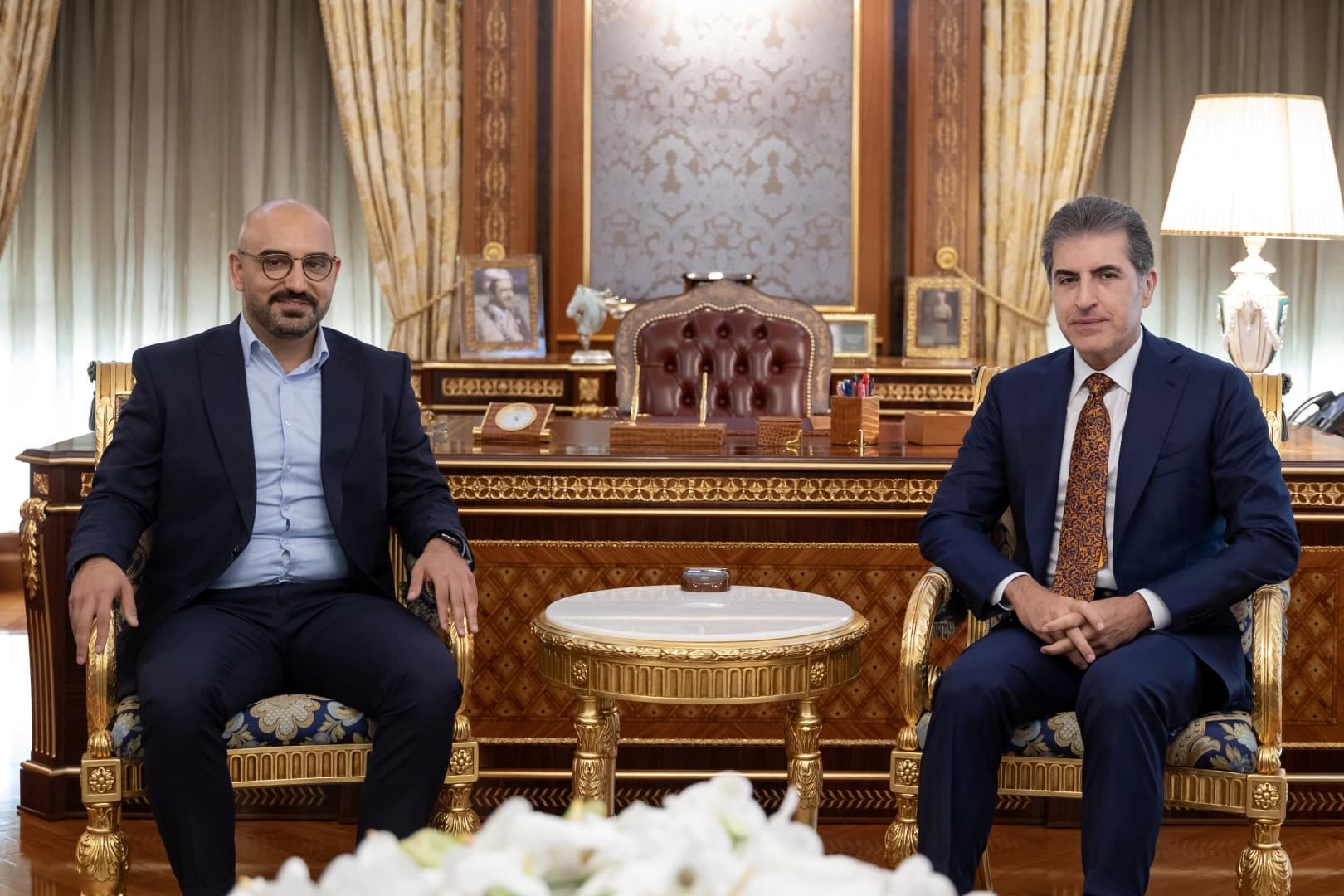 Kurdistan Region President Nechirvan Barzani (right) meets with Kassem Taher Saleh, a member of Germany’s Federal Parliament from the Green Party, in Erbil on August 26, 2026. Photo: Kurdistan Region Presidency