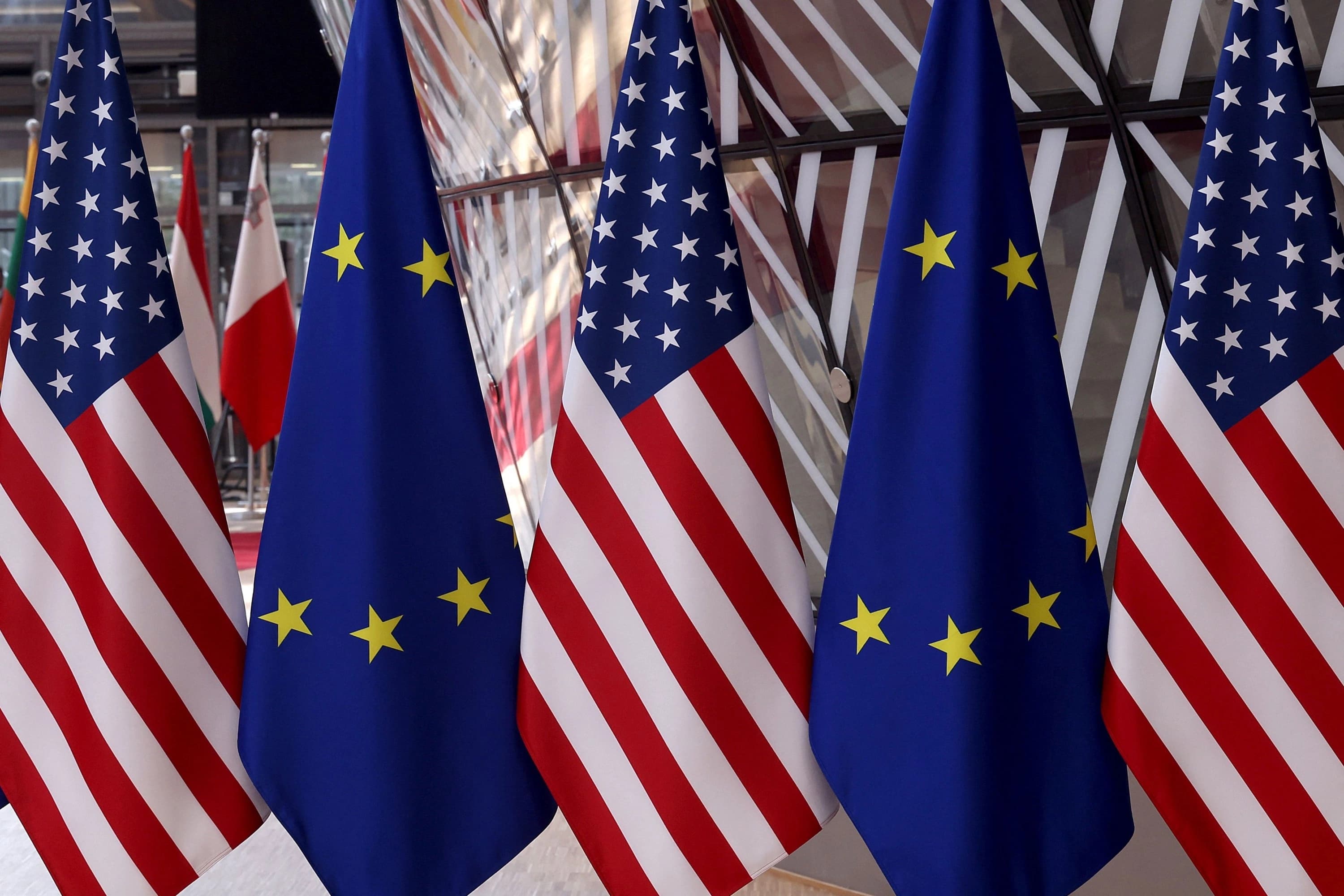EU-US flags pictured during a summit at the European Union headquarters in Brussels, Belgium on June 15, 2021. File photo: AFP