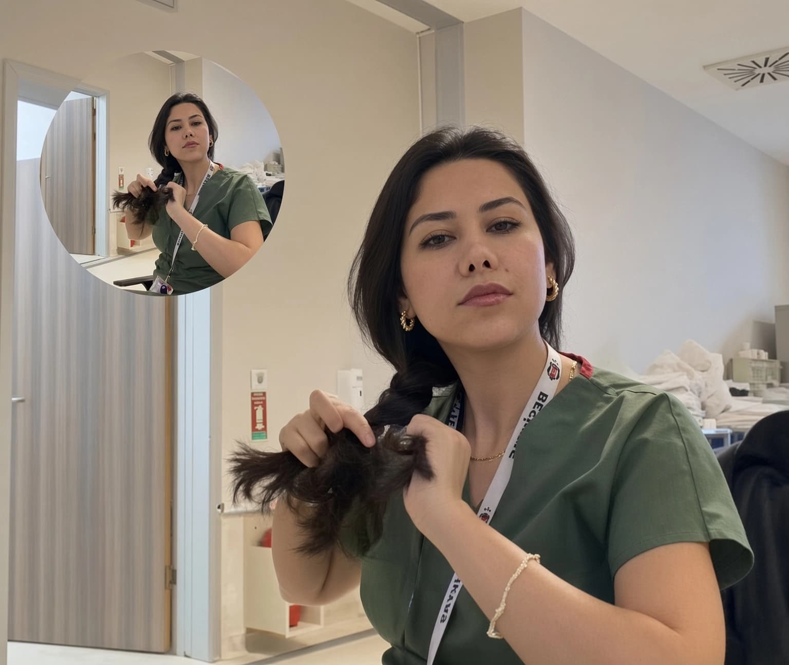Hemşire İkra Avcı'nın saçlarını ördüğü videodan kesit.
