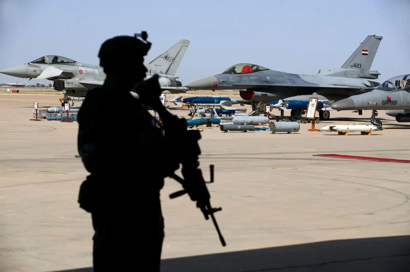 An Iraqi soldier stands guard in an air show of military aircrafts at the Balad Air Base north of Baghdad, Iraq, April 24, 2024. File photo: AFP