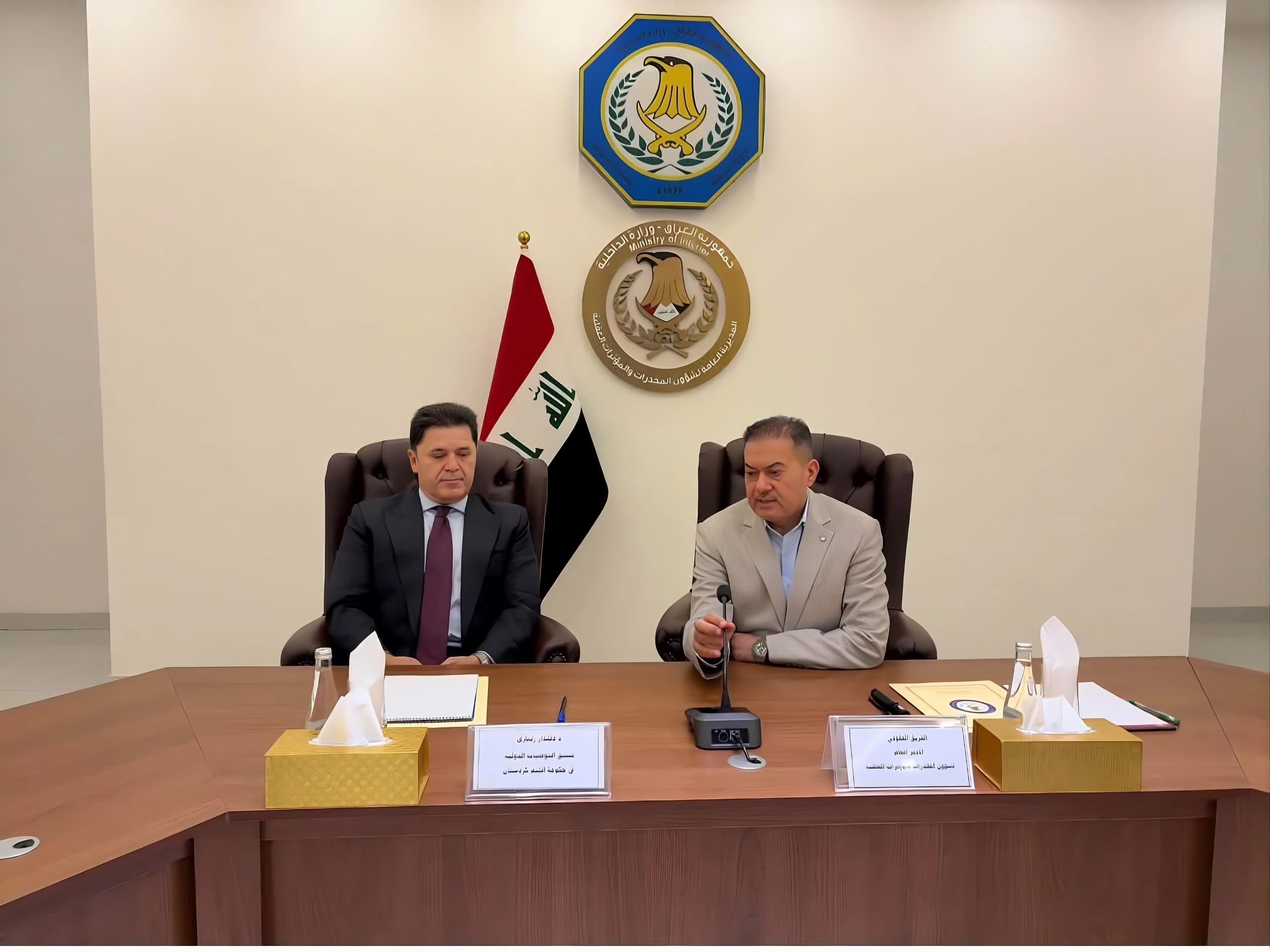 Head of the Kurdistan Regional Government (KRG) international recommendations coordinator Dindar Zebari (Left) in a meeting with the head of the Iraqi General Directorate for Narcotics Affairs Ahmed al-Zarkani (Right) in Baghdad on September 8, 2026. Photo: Kurdistan Region  international recommendations coordinator