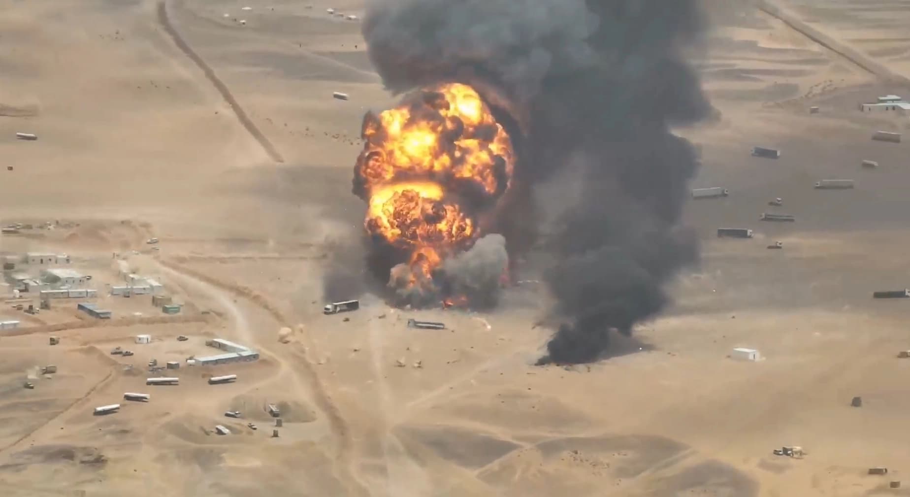 Image released by the Iran-backed Houthis purportedly showing a strike on trucks carrying equipment from Saudi Arabia. Photo: Screengrab/Rudaw