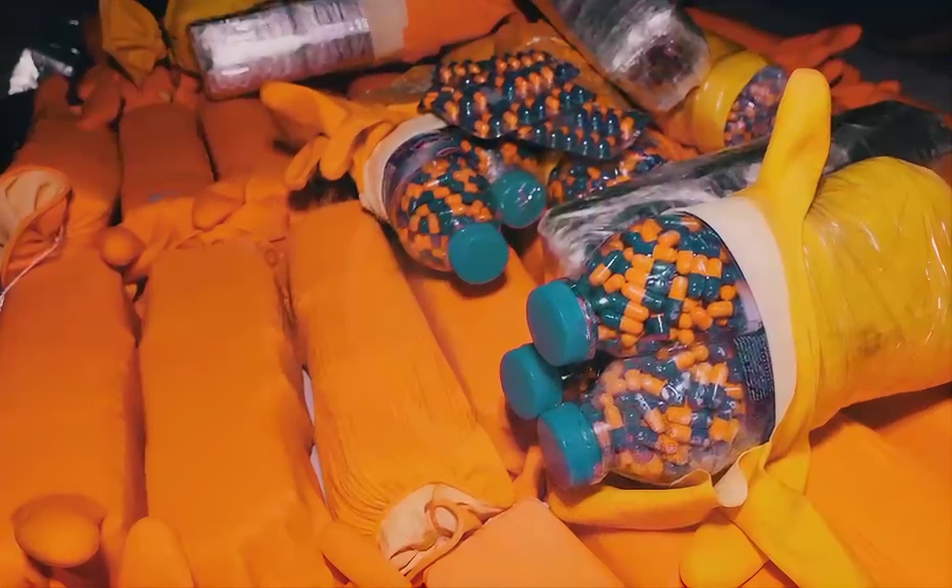 Bottles of narcotic pills inside rubber gloves seized by Iraqi security forces in international waters on September 12, 2026. Photo: Screengrab/ Iraqi Interior Ministry