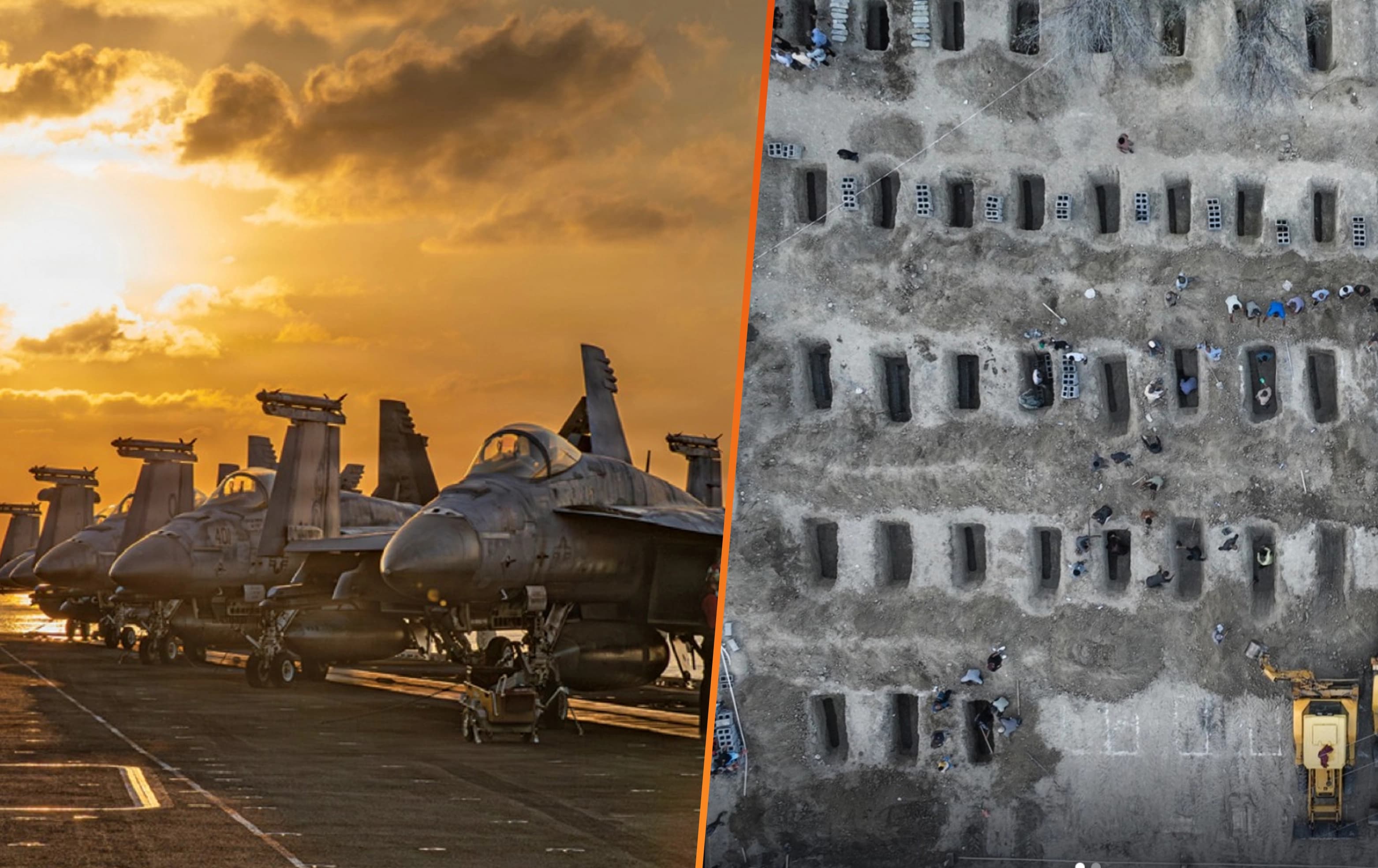 US fighter jets lined up on an aircraft carrier and rows of graves dug for schoolchildren in Minab, Iran. Graphic: Rudaw