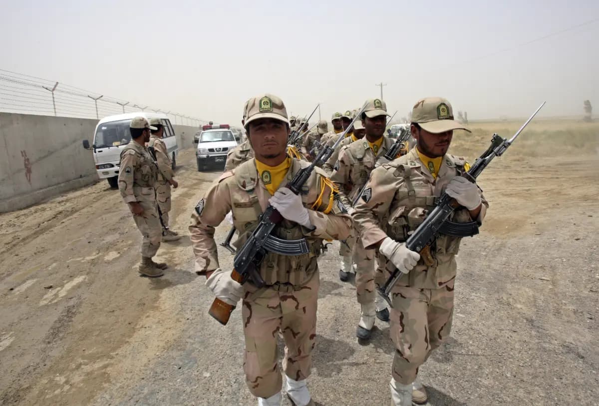A group of Iranian border guards march at the eastern border of Iran near Zabol, Sistan and Baluchestan province. File photo: AP