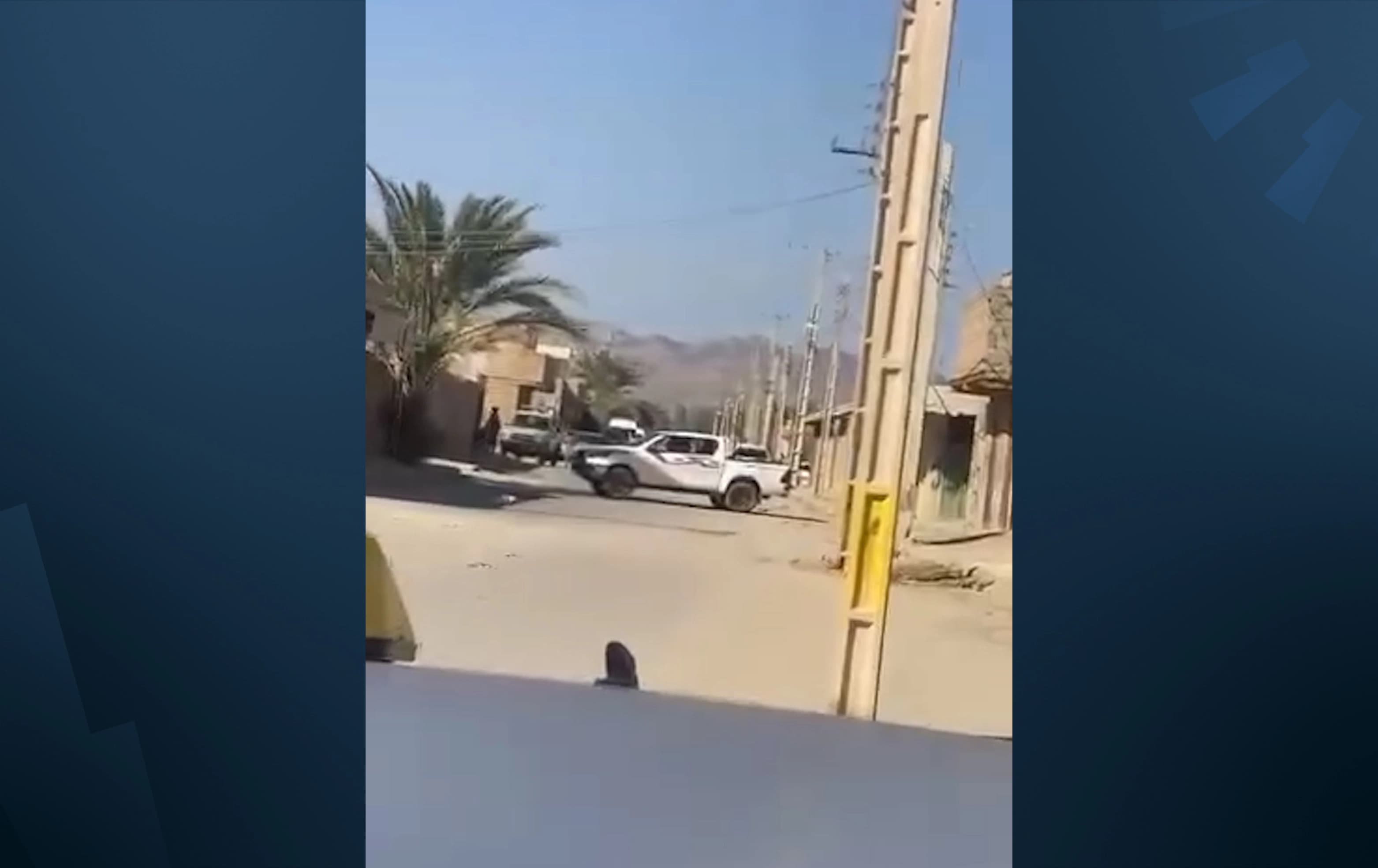 A street is blocked by a pickup truck amid clashes between Iranian forces and unidentified armed men, in Saravan County, Sistan and Baluchestan province, Iran,  September 23,2026. Photo: screengrab/Haalvsh