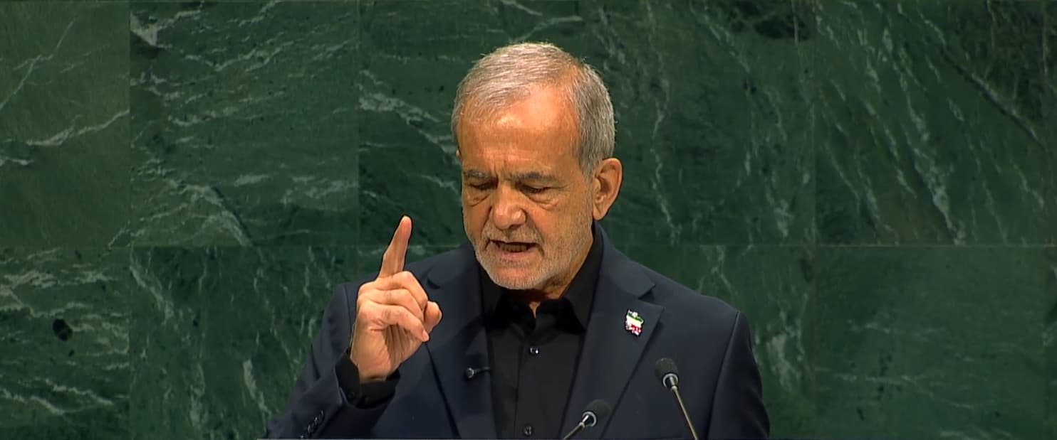 Iranian President Masoud Pezeshkian speaking at a UN General Assembly session. Photo: UN/screengrab