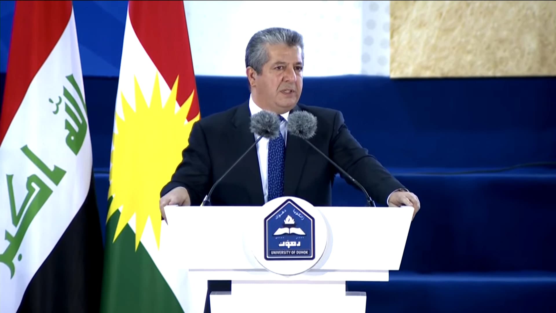 PM Masrour Barzani during a speech he delivered at the University of Duhok, Oct 5, 2026. Photo: Screengrab/Rudaw