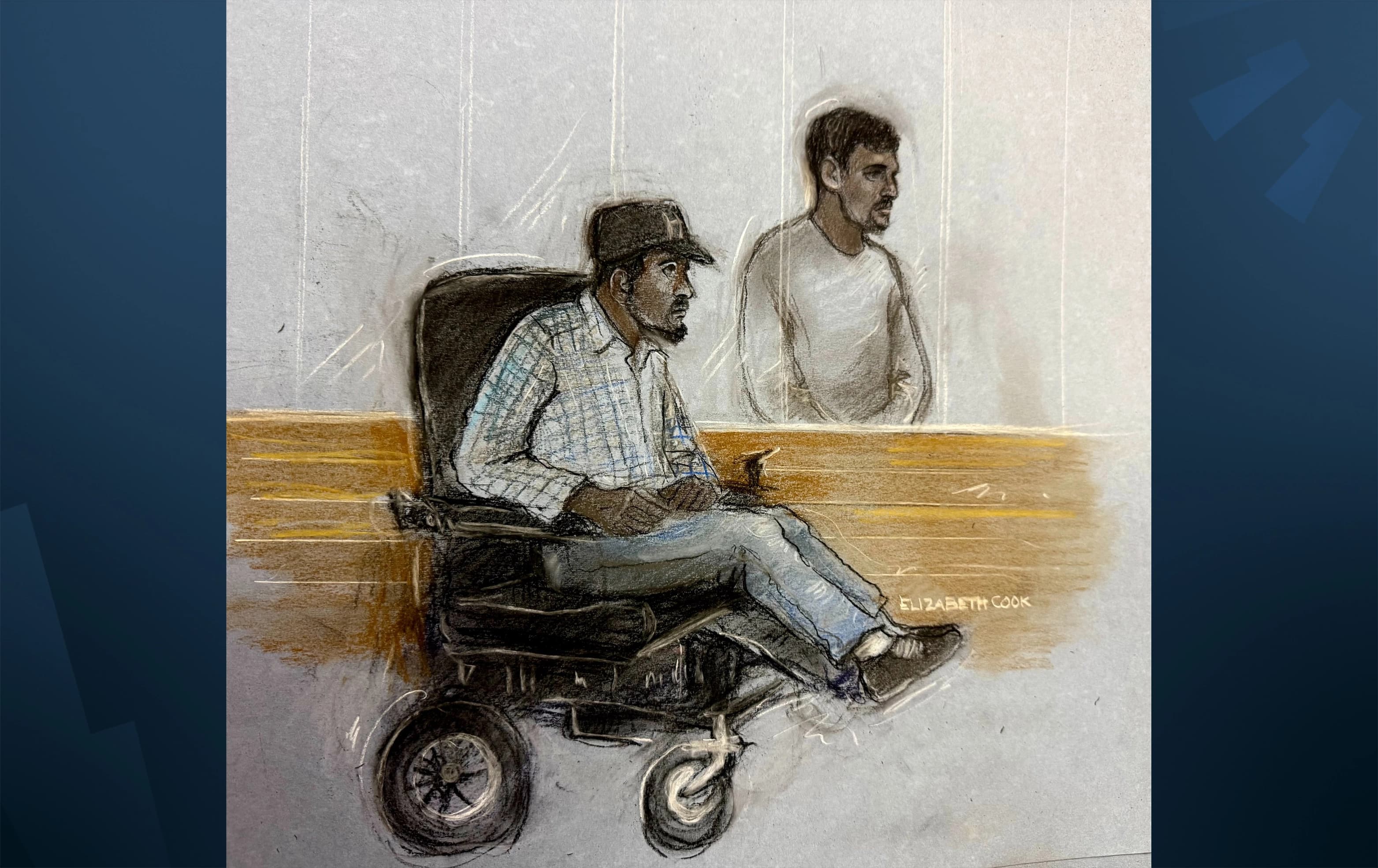 This court artist sketch by Elizabeth Cook shows British nationals Mohmed Abdulkarim (left, in a wheelchair) and Nouman Essghir (right) appearing in the dock at Westminster Magistrates' Court in London on October 27, 2026. Photo: AP