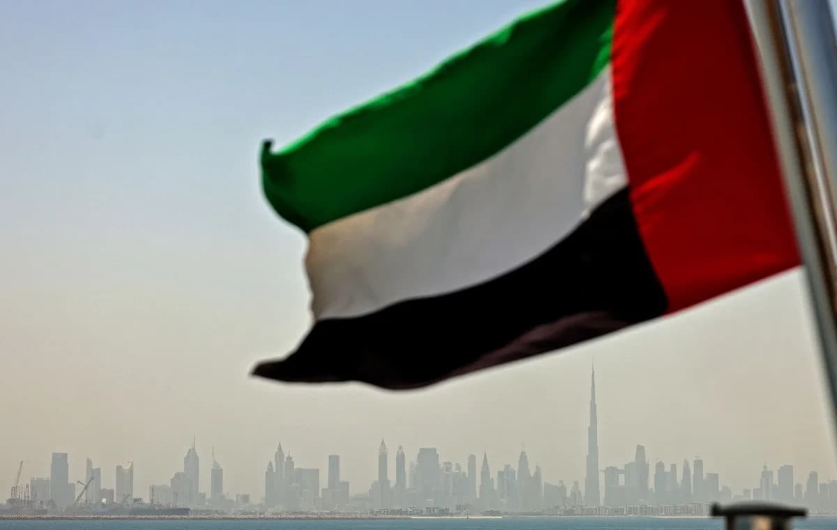 Flag of the United Arab Emirates in front of Dubai's coastline. File Photo: AFP