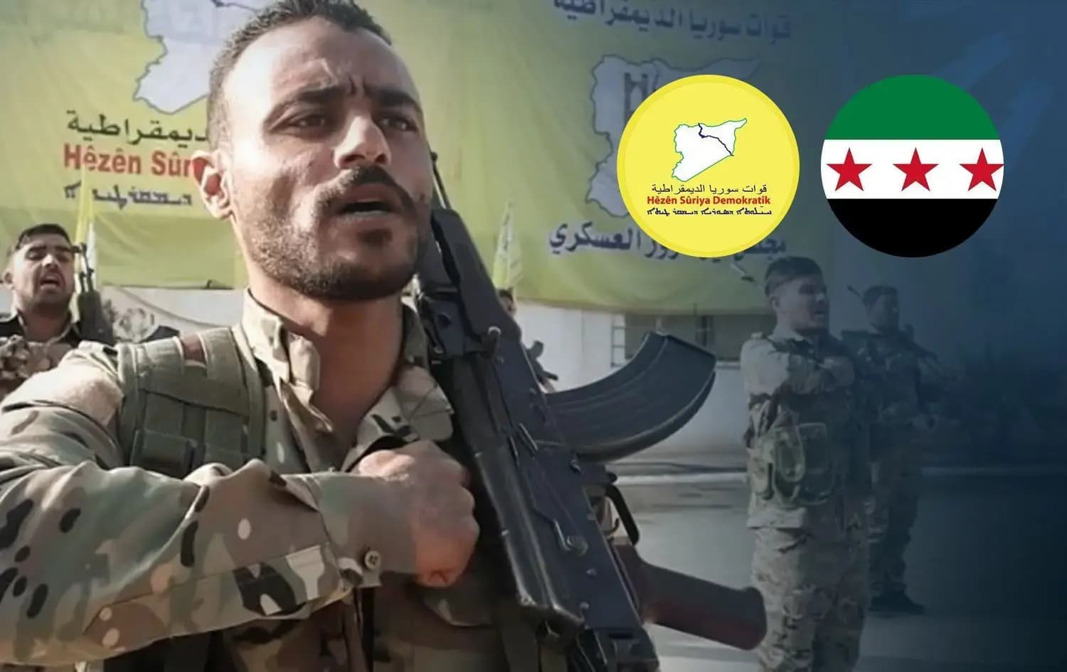 From left: SDF fighters, logo of SDF and the flag of Syria. Graphic: Rudaw