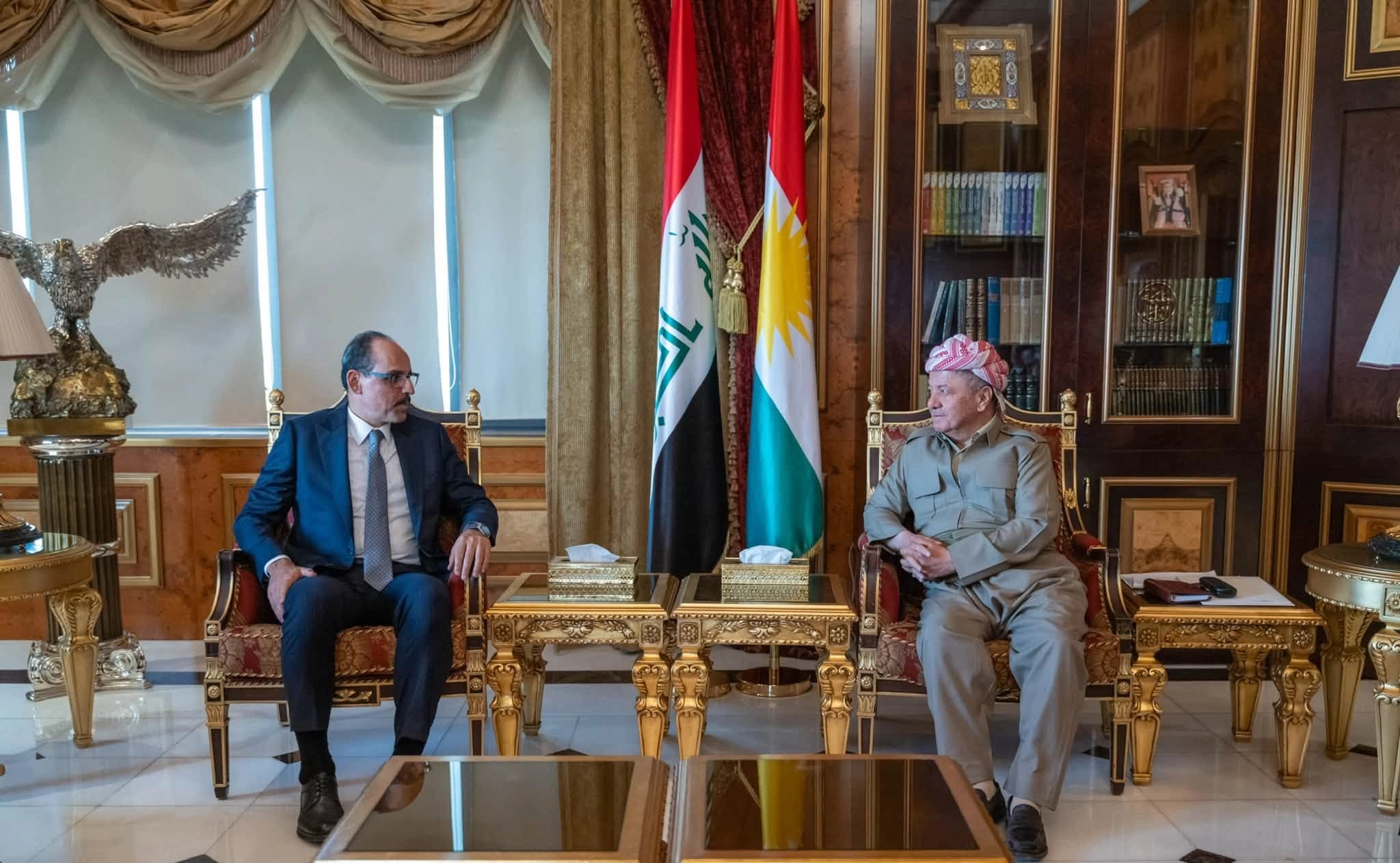 President Masoud Barzani (right) and MIT chief Ibrahim Kalin in Erbil on July 1, 2026. Photo: Barzani's office