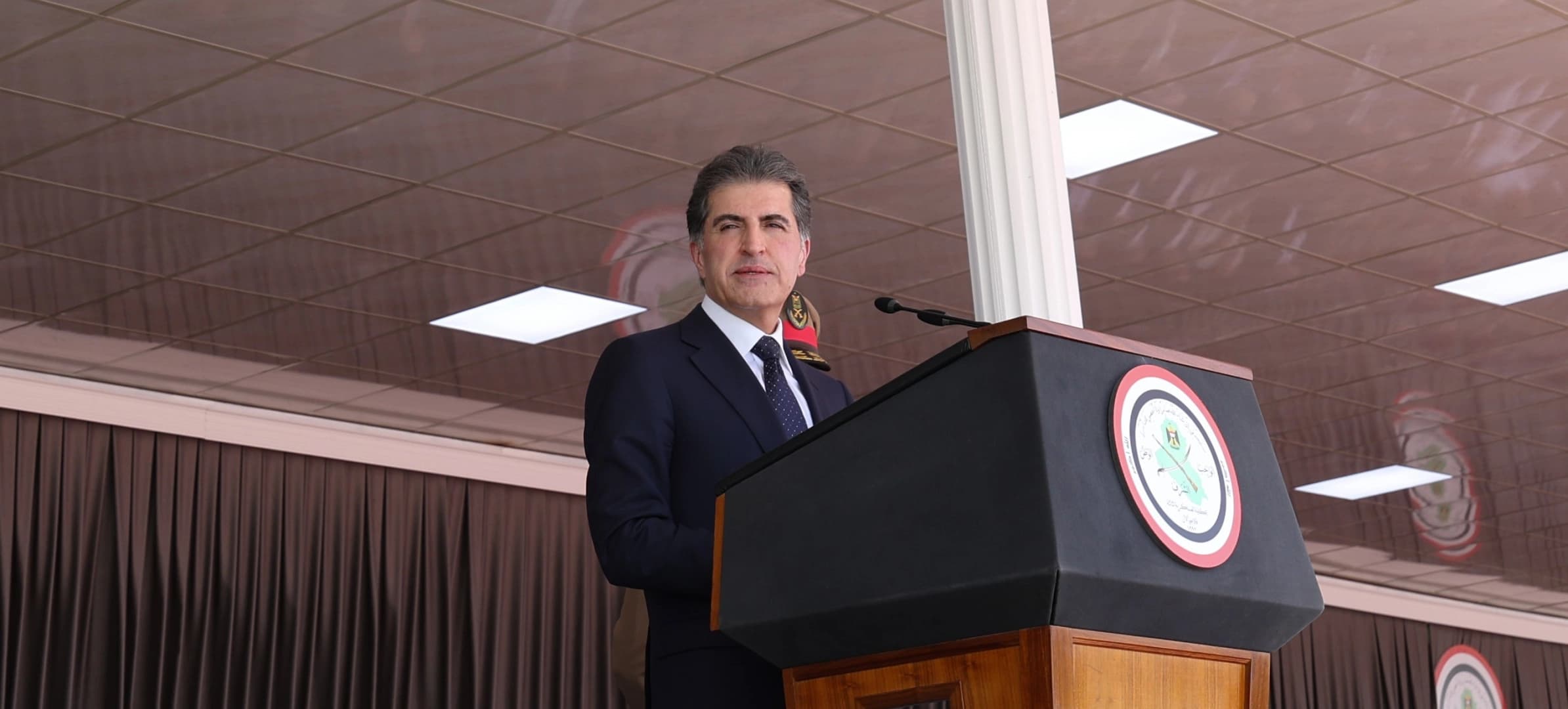 Nechirvan Barzani delivering a speech during the fifth graduation ceremony of the Military College of Qalachwalan, Sulaimani on June 21, 2026. Photo: KR Presidency