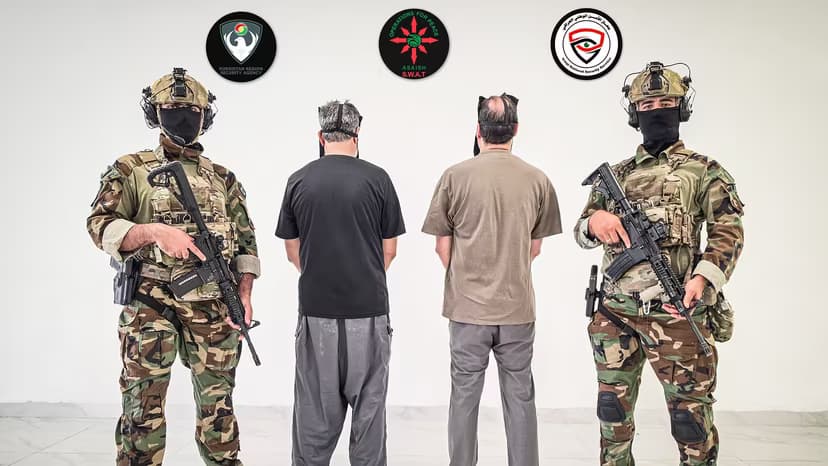 Two Kurdistan Region’s security agency (Asayish) officers standing with two arrested ISIS suspects in Sulaimani on July 28, 2026. Photo: Asayish