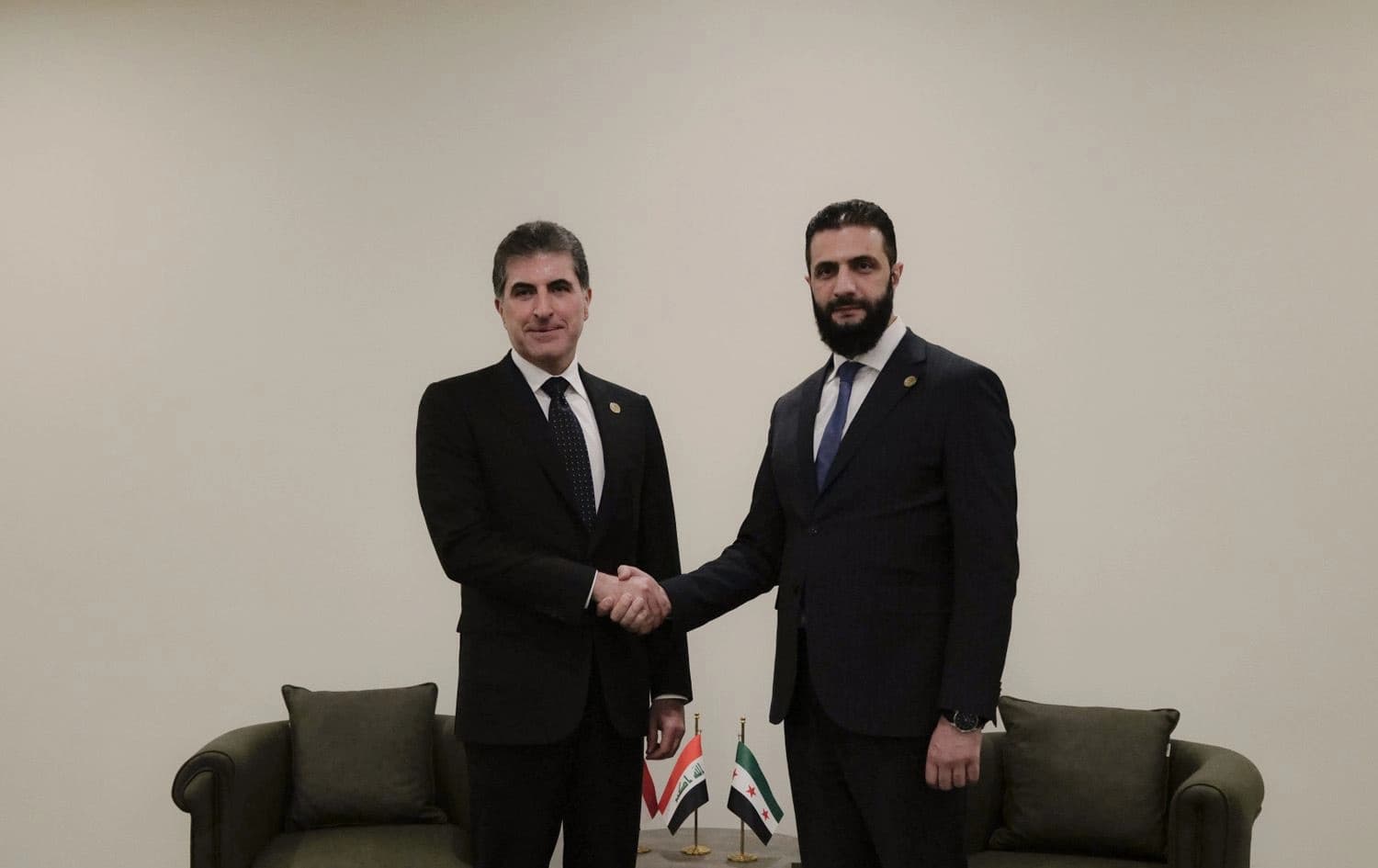 نێچیرڤان بارزانی، سەرۆکی هەرێمی کوردستان و ئەحمەد شەرع، سەرۆکكۆمارى سووریا