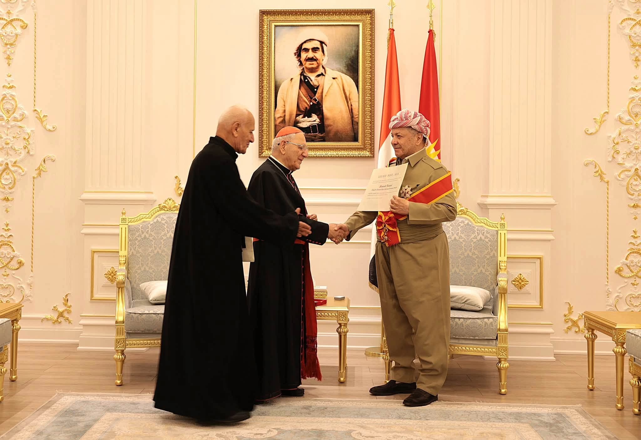 President Masoud Barzani receives Cardinal Louis Raphael Sako, the Chaldean Catholic Church's Patriarch Emeritus in Iraq, in Erbil on August 20, 2026. Photo: Barzani Headquarters