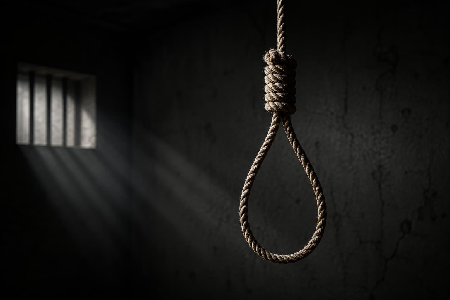 A noose hangs in a darkened room. Photo: AI-generated illustrative image