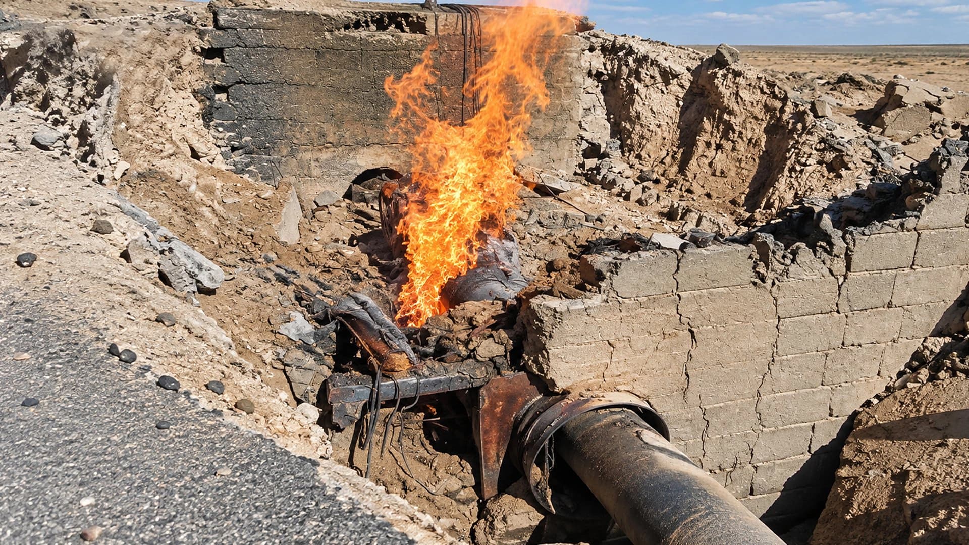 A pipeline on fire in the al-Shula area in the Deir ez-Zor countryside, on September 29, 2026. Photo: Syrian Petroleum Company