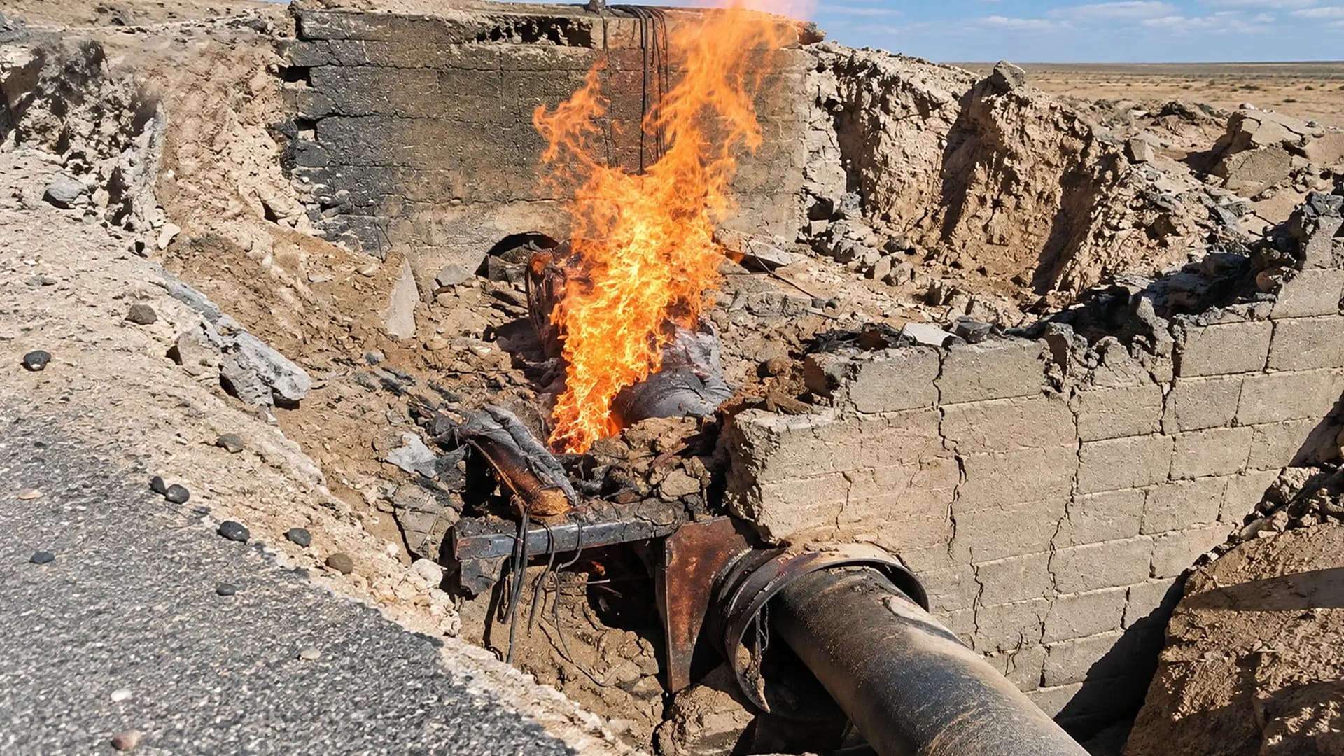 29 Eylül 2026'da Deyrezor kırsalındaki Şula bölgesinde bir petrol boru hattında çıkan yangın. / Fotoğraf: Suriye Petrol Şirketi