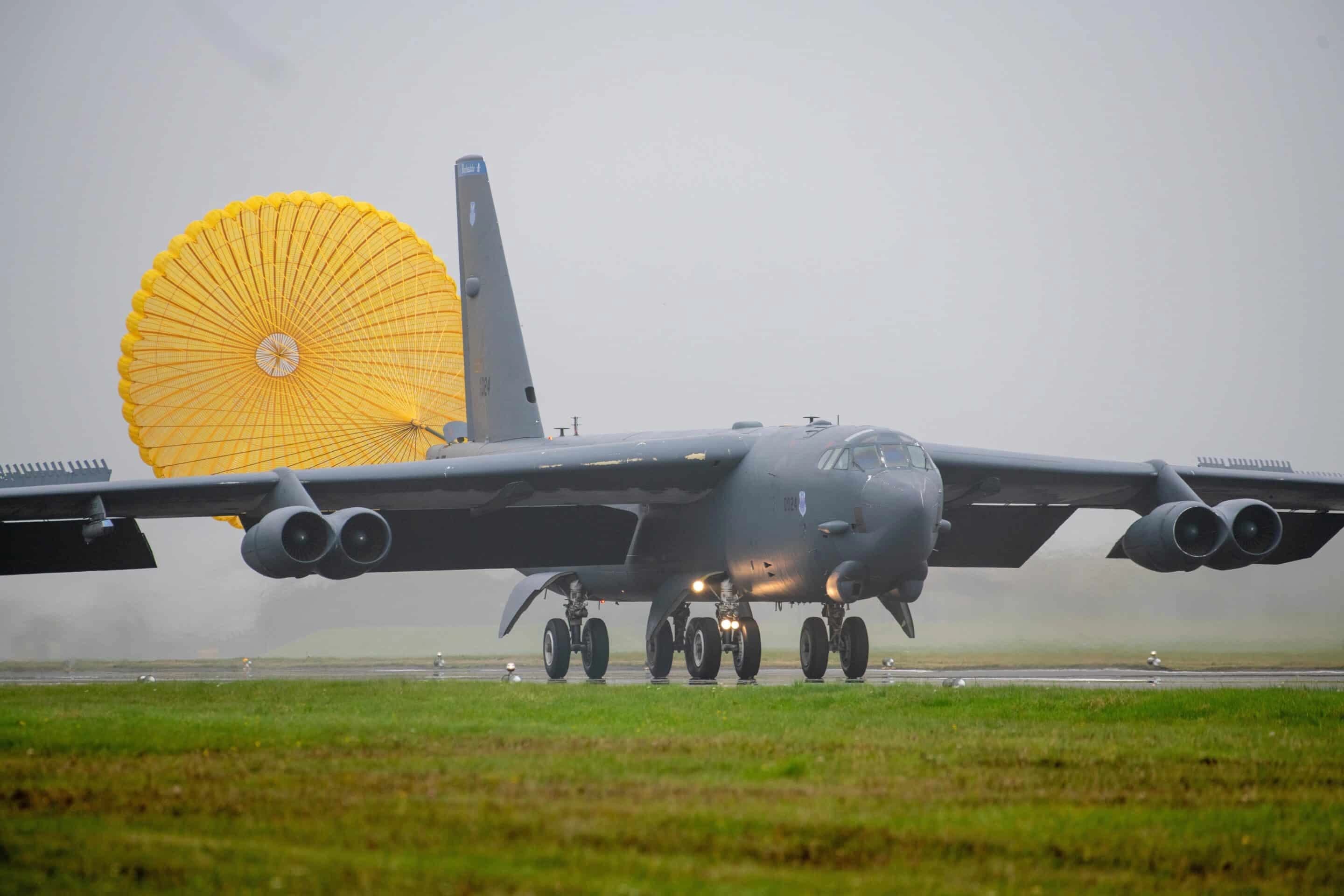 US B-52 long-range bomber landing in the RAF Fairford base in the UK. Photo: US military