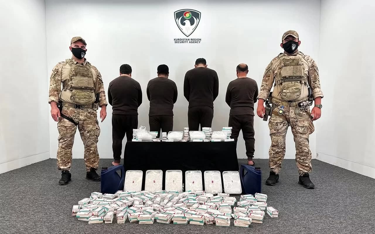 Kurdistan Region Security Agency (Asayish) forces arrested four alleged drug dealers in two separate anti-narcotics operations in Sulaimani province in July 2026. File photo: Asayish