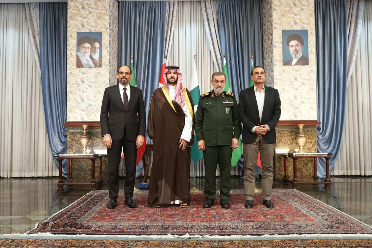 From left, Ibrahim Kalin, Khalid bin Salman, Mohsen Rezaei, Asim Munir. Photo: Fars News Agency