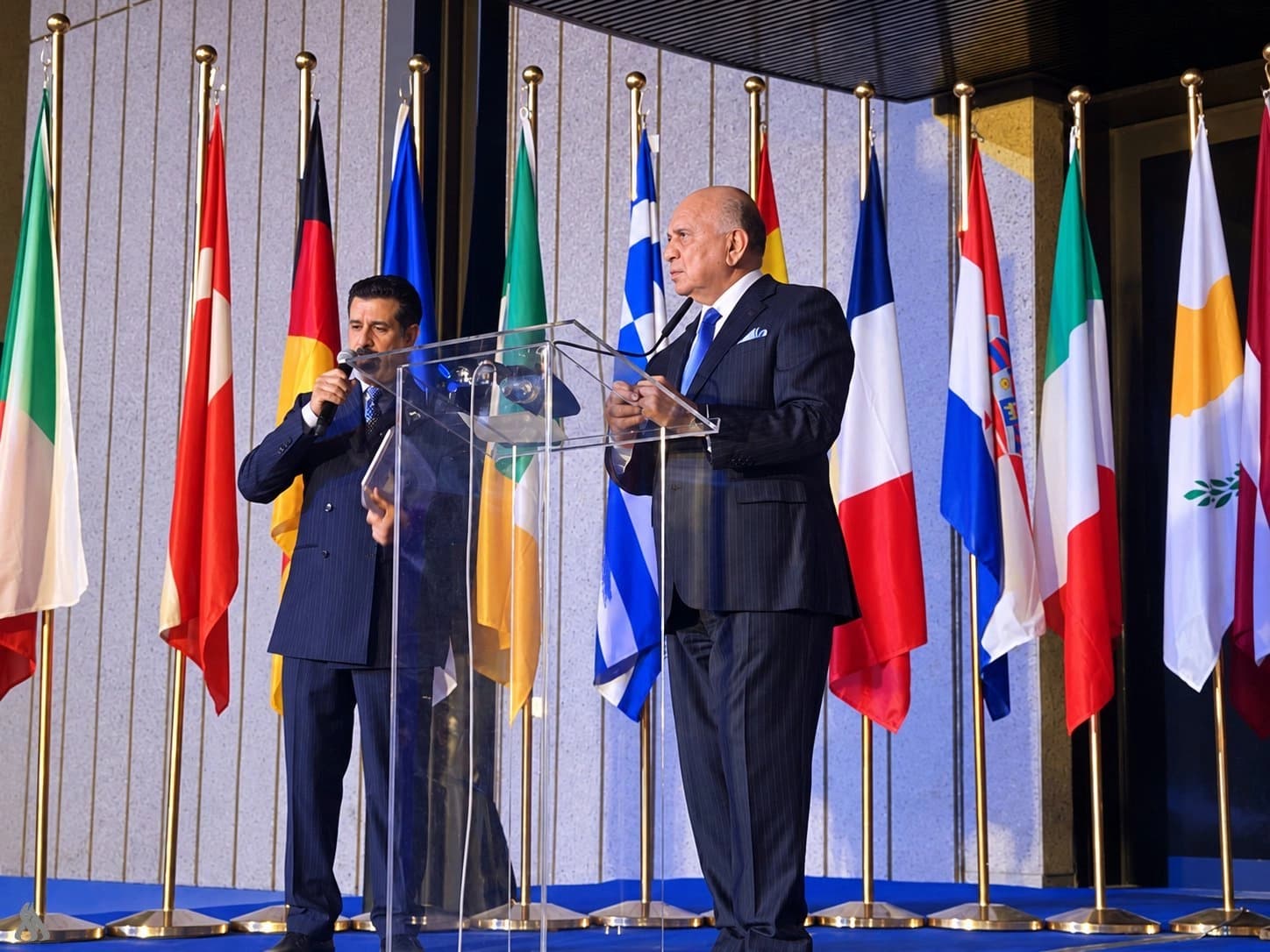 Iraqi FM Fuad Hussein addressing EU diplomats in an event in Baghdad on October 27, 2026. Photo: INA