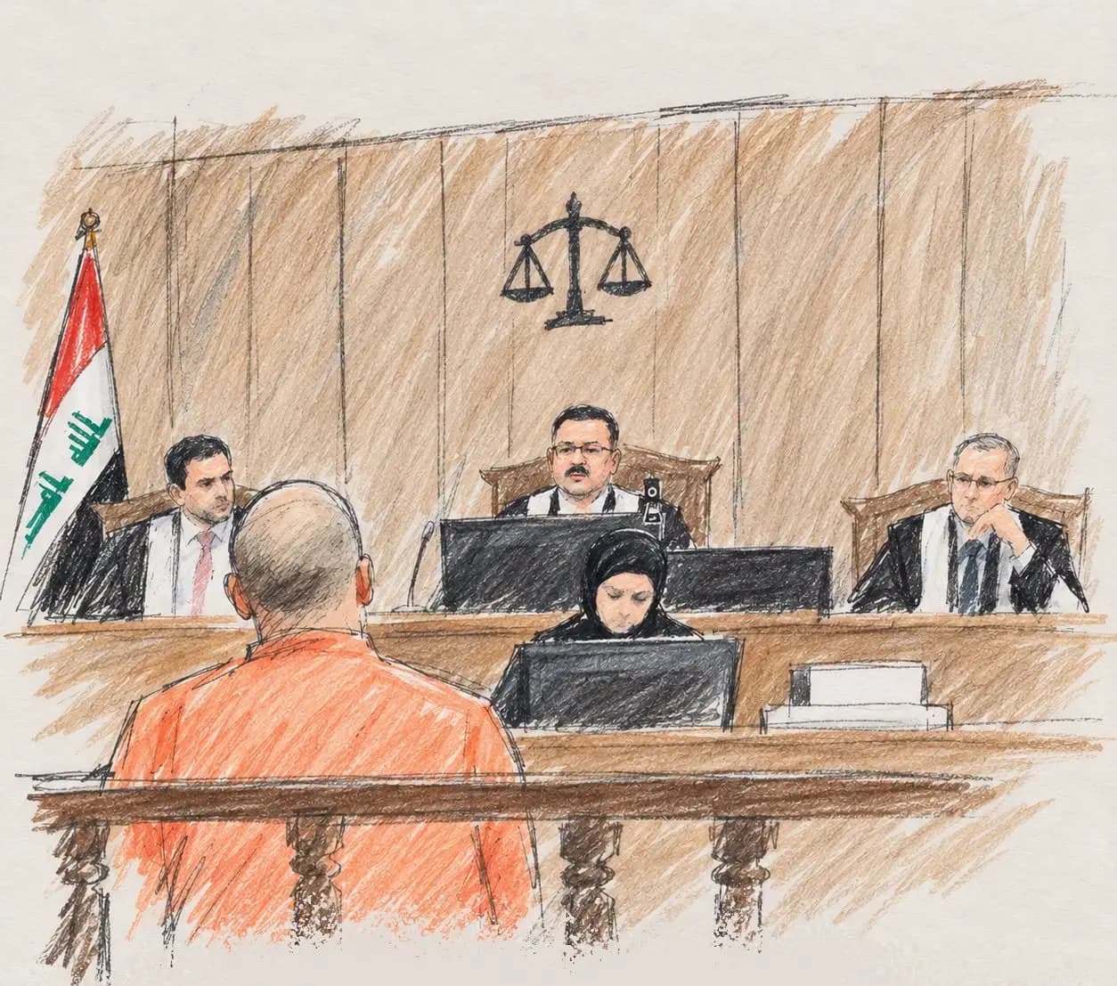 An illustration from inside the courtroom during one of the hearings of the French defendants’ trial in Iraq on October 29, 2026. Photo: Supreme Judicial Council